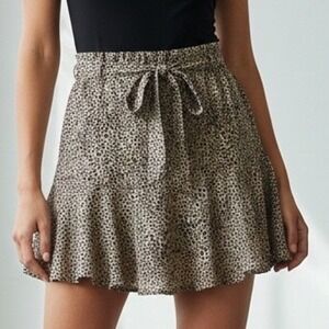 Women's Leopard Print Mini Skirt Tie Waist Ruffle Hem A Line XS